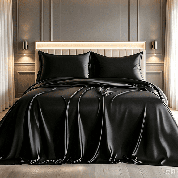 Kisportee Satin Sheet Set, 4 Pcs Queen Size Sheet, Silky Bed Sheets, with Flat Sheet, Deep Pocket Fitted Sheet for Mattress and Satin Pillow Cases, Black