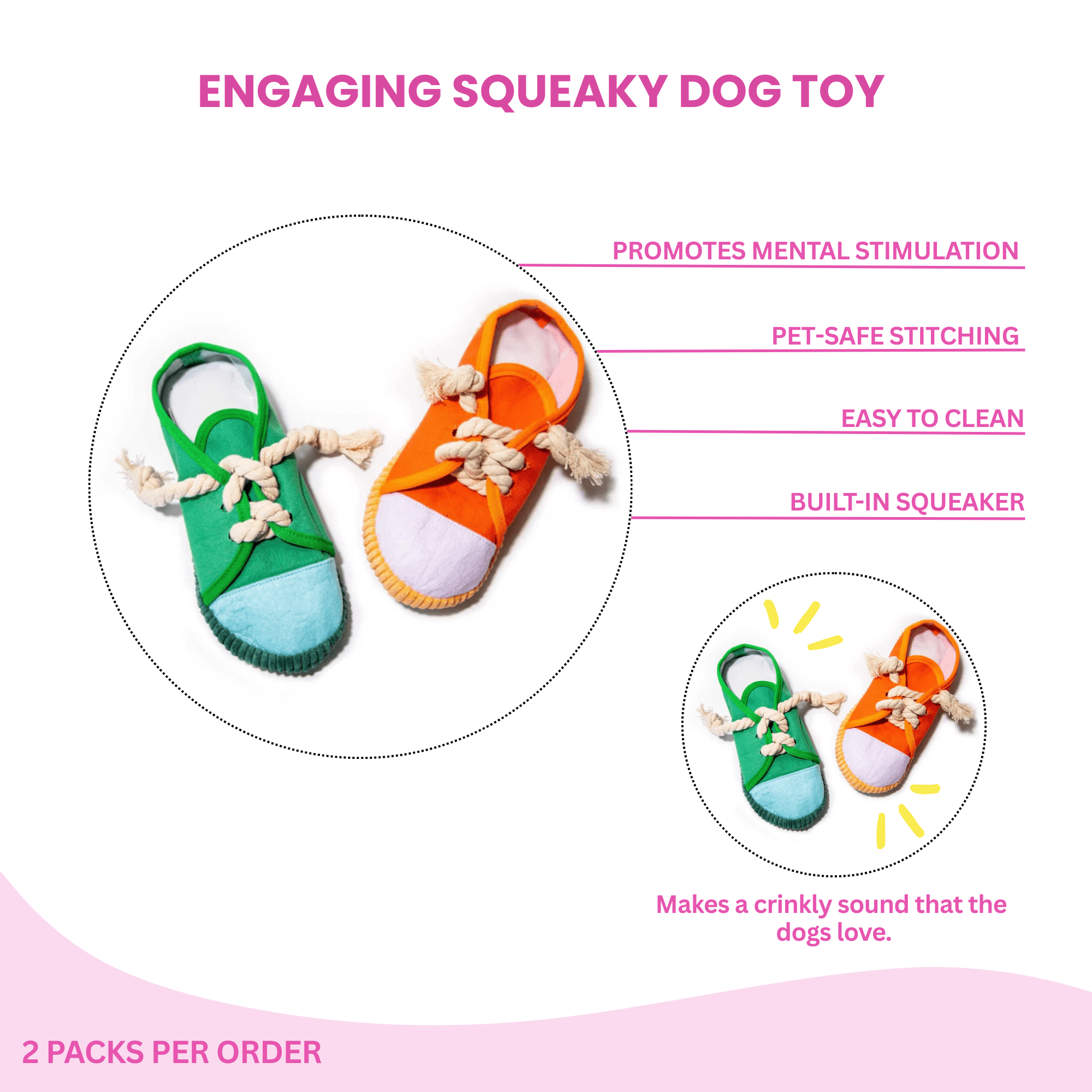 Glow Pups Squeaky Shoes Flexible 2-Piece Dog Toy Pair with 2 Dog Toys, Multicolor Shoes Shape Medium