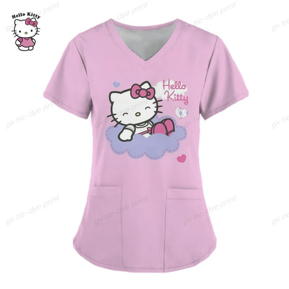Summer Fashion T-shirt Women‘s 3D Hello Kitty Short Sleeve Top Leisure V-neck Women‘s T-shirt Large Harajuku T-shirt Nurse Top