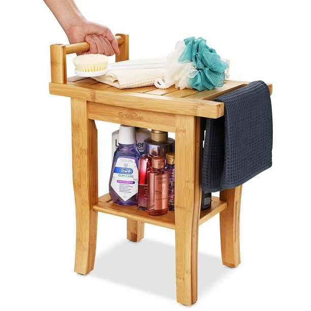 Bamboo Shower Bench Stool with Shelf,2Tier Wood Storage & Seating for