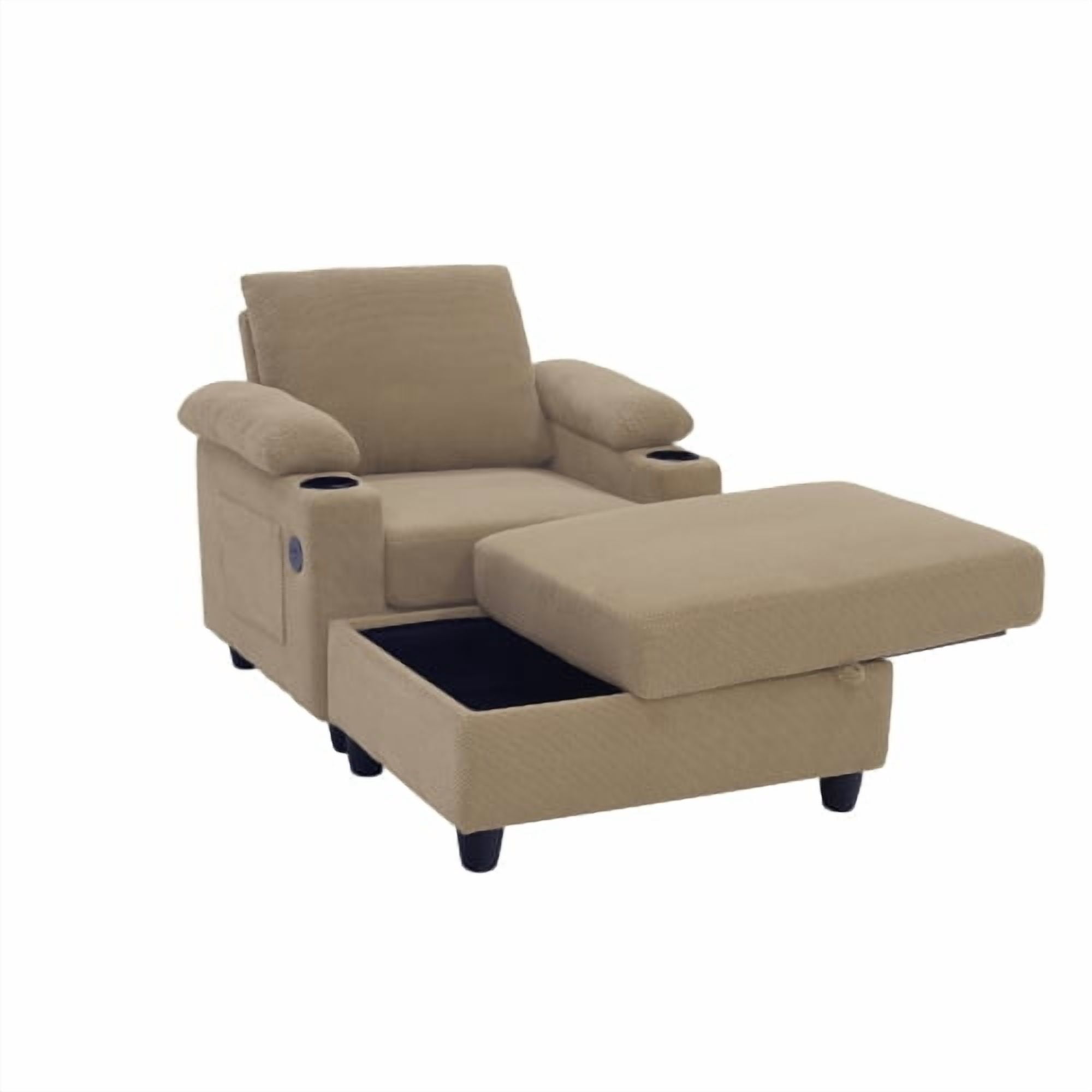 Accent Chair and Storage Ottoman Set, Convertible Single Chaise Lounge Sleeper Bed with Reclining Backrest, Dual Cup Holders, USB-C Ports, Side Storage Pocket, Camel