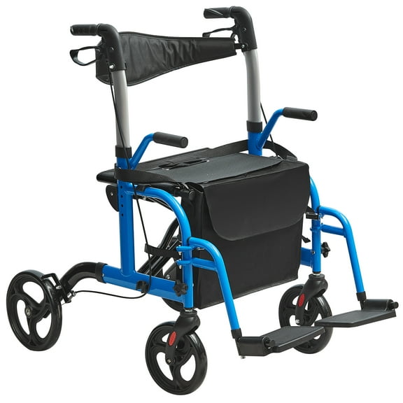 KFFKFF 2 in 1 Rollator Walkers for Seniors with Transport Chair, Folding Rolling Walker Wheelchair with 10" Big Rear Wheels, Comfortable Handles and Detachable Footrests, 300lbs, Blue
