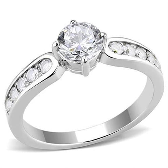 Women High Polished Stainless Steel Ring with AAA Grade CZ in Clear - Size 8