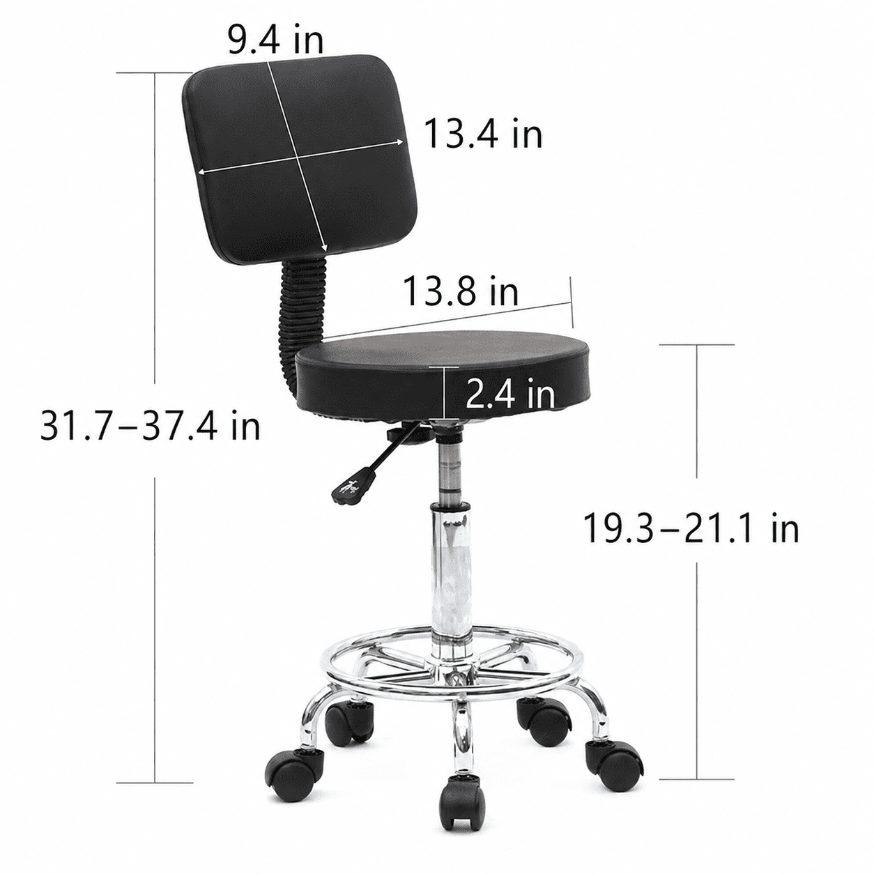 Alvantor Rolling Stool with Backrest, Adjustable Height, 360° Swivel PU Leather Seat, Black