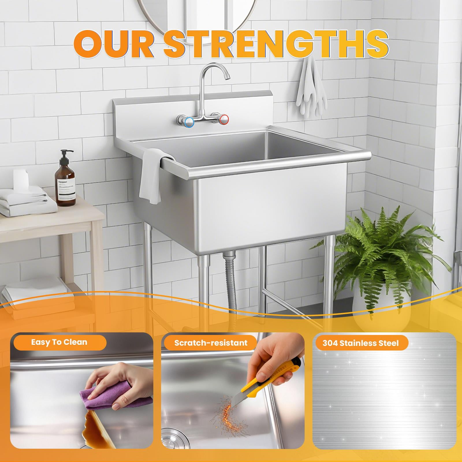 Stainless Steel Free Standing Sink, Heavy Duty Stainless Steel Laundry Tub Sink with Cold and Hot Water Pipe and Faucet, Indoor and Outdoor Sink for Apartment Laundry
