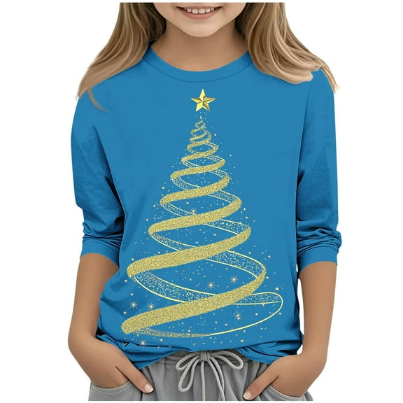 Atogsazn Kids Girls Christmas 3/4 Sleeve Shirt Children Christmas Tree Crew Neck Loose Fit Blouse Pullover Tops Clothing 05-Blue 10-11 Years Fashion