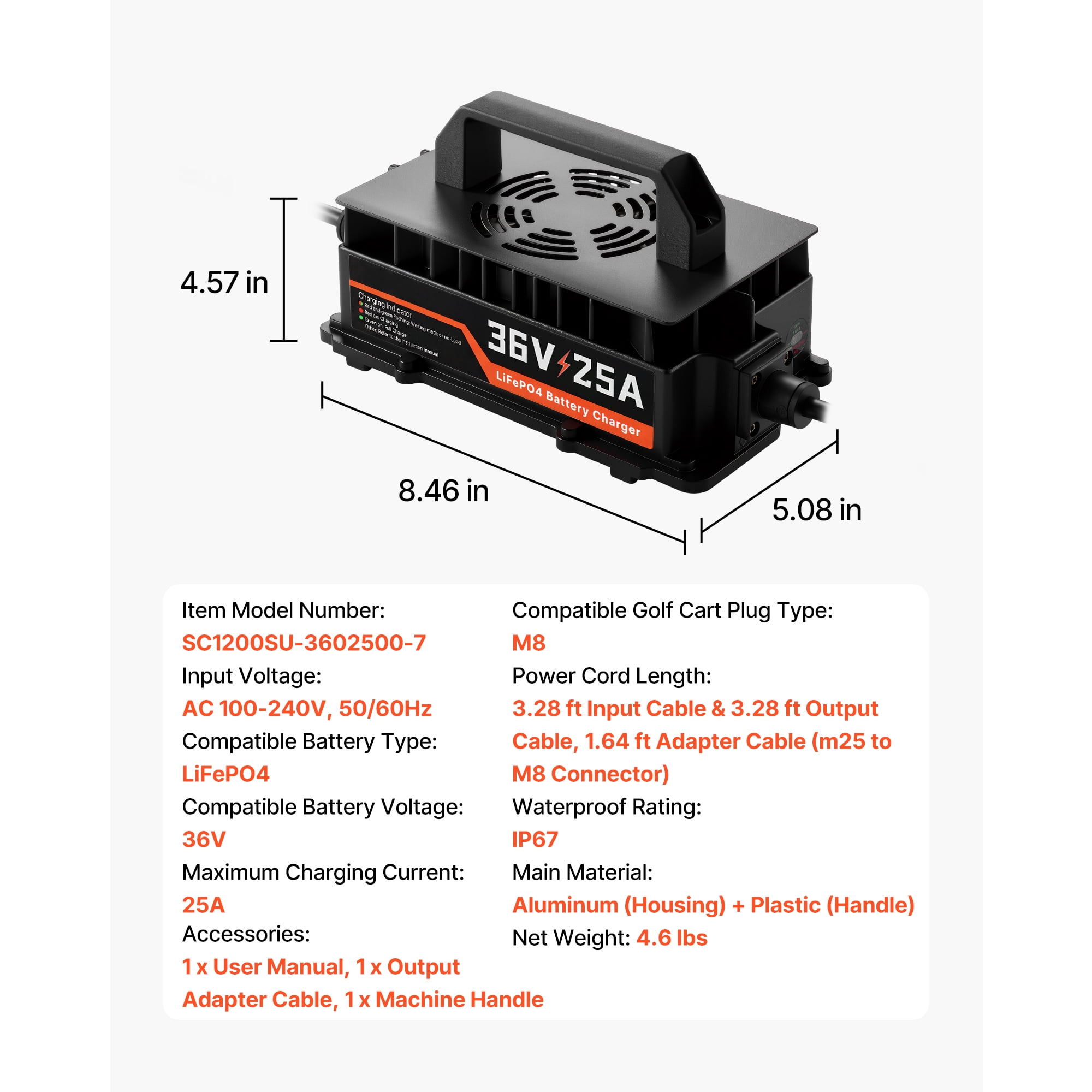 KFFKFF 36V 25A Golf Cart Battery Charger for Lithium Batteries, Durable Aluminum Shell, Smart Charging with LED Display, Cooling System, Trickle Mode, Waterproof Design for Various Vehicles