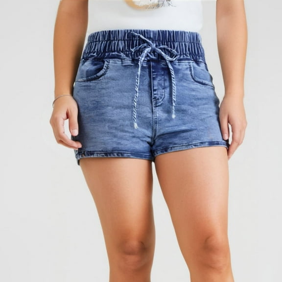 Stephy Women's High Waist Elastic Waist Tied Jeans Hot Pants Denim Shorts Casual Fashion Shorts Hot Pants Jean Shorts for Women, Blue, L