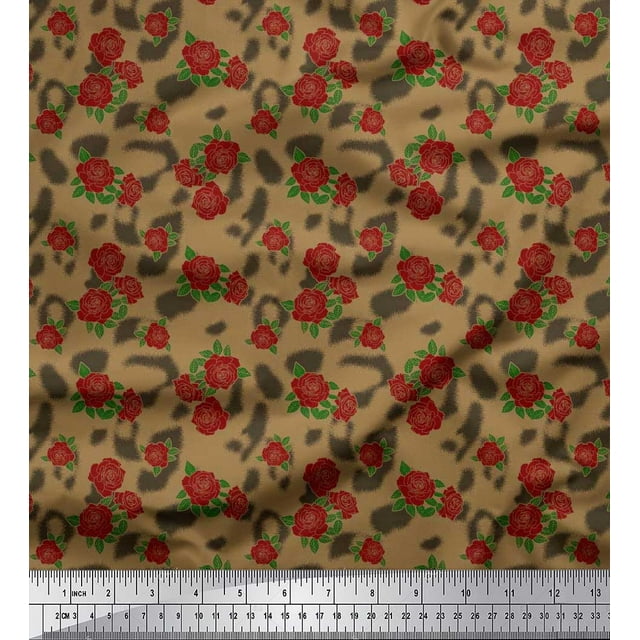 Soimoi Tissu Crêpe polyester Imprimé Feuilles & Roses au Mètre 42 Pouces de Large