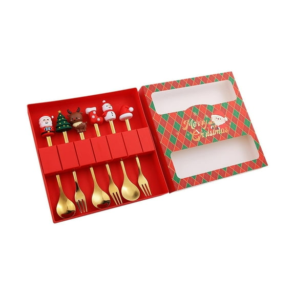 Fzaqwen 6Pcs Christmas Spoons Forks Set Flatware Cutlery Tableware Dessert Spoons Forks Red Box
