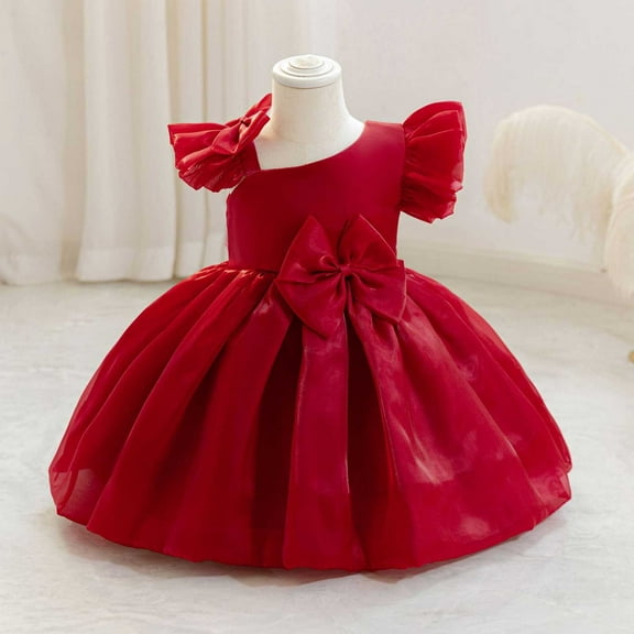 Delliss Girls' Vintage Off The Shoulder Fashion Solid Color Dress Princess Wedding Bridesmaid Holiday Ballgown Dress Red 4 Years