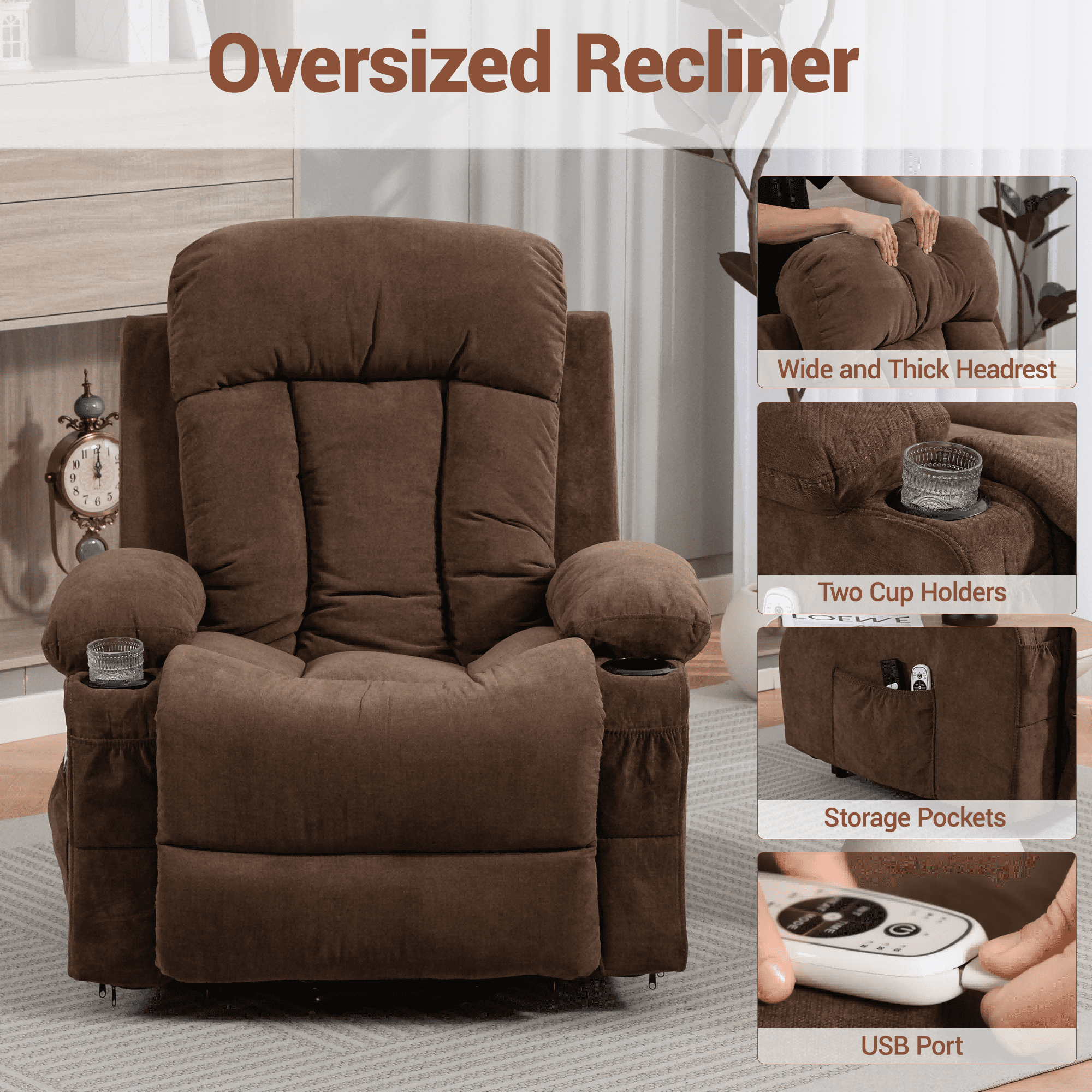WENTUM Power Lift Recliner Chair for Elderly, Heat and Massage, Chair Side Pocket, USB Charge Port, Remote Control for Living Room, Brown