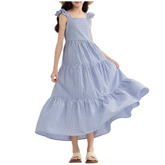 OGLCCG Tween Girls Summer Striped Maxi Dress Square Neck Flowy Smocked A Line Long Dress Casual Flutter Sleeve Vacation Sundress 7-16 Years