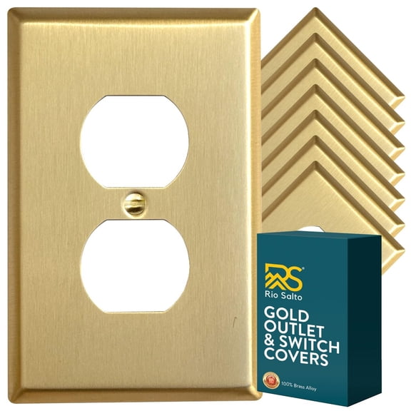 Rio Salto BRASS Signature Collection MIDSIZE Metal Duplex Gold Outlet Cover or Light Switch Mid Size Wall Plate Single Duplex Receptacle Wallplate Covers 1 Gang Single Gang Brushed Brass 8-Pack