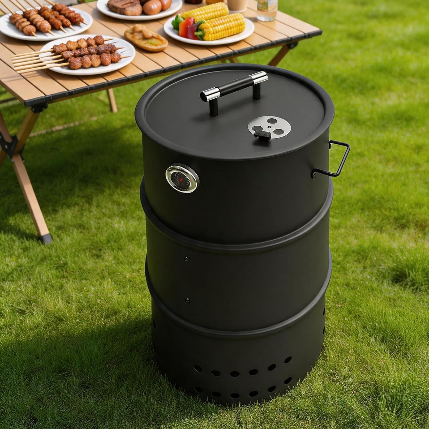 RJFKSN Charcoal Smoker Grill, 20" Barrel Smoker, Outdoor Barbecue Grill, Ideal for BBQ, Party, Backyard, Patio, Cooking, Heavy Duty Round Grill