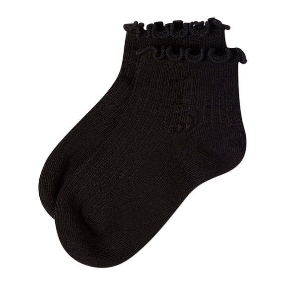 Memoi 3 Pair Girls Ruffle-Cuff Ribbed Cotton-Rich Mid-Cut Quarter Socks, 7-8, Neutral Multi