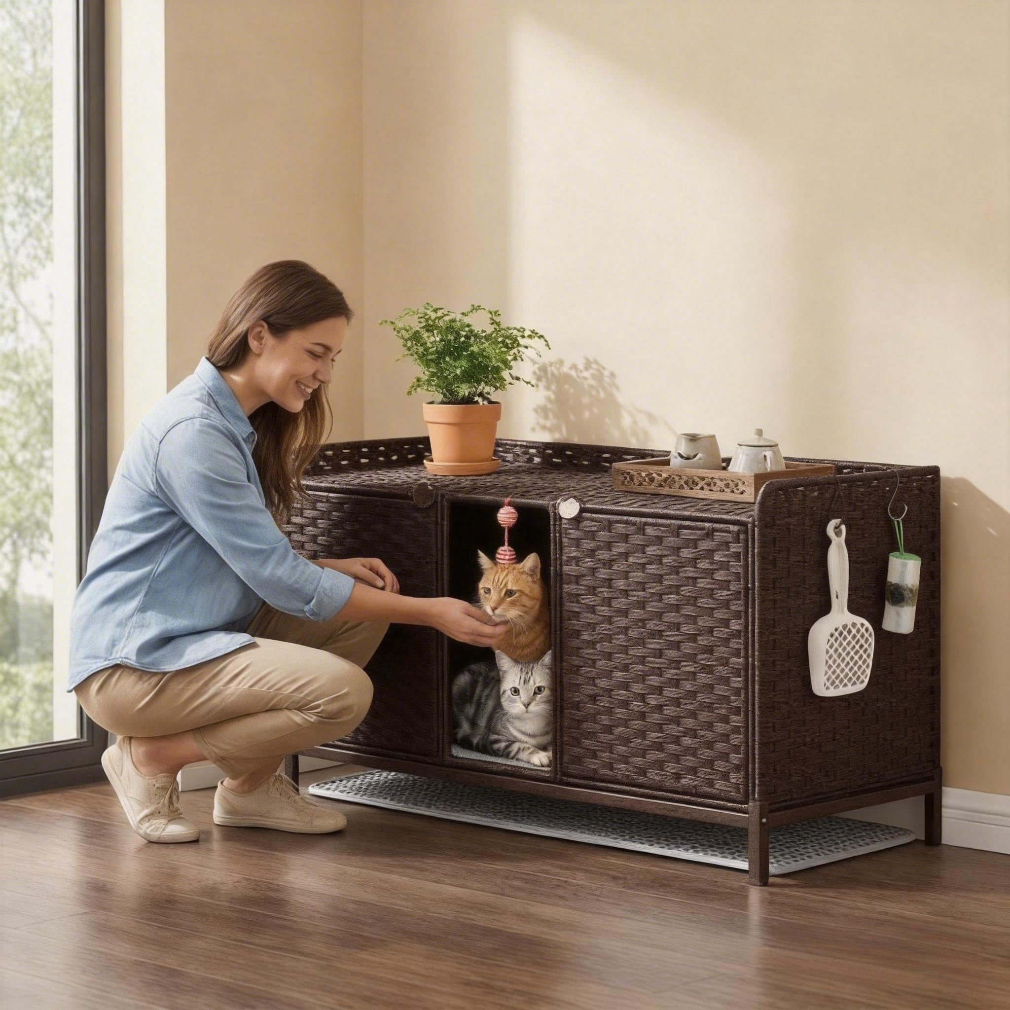Rattan Double Cat Litter Box Enclosure - Hidden Cabinet for 2 Cats with Removable Mat, Play Game & S-Shaped Hooks - Large Decorative Cat Washroom Furniture for Living Room or Bedroom - Brown