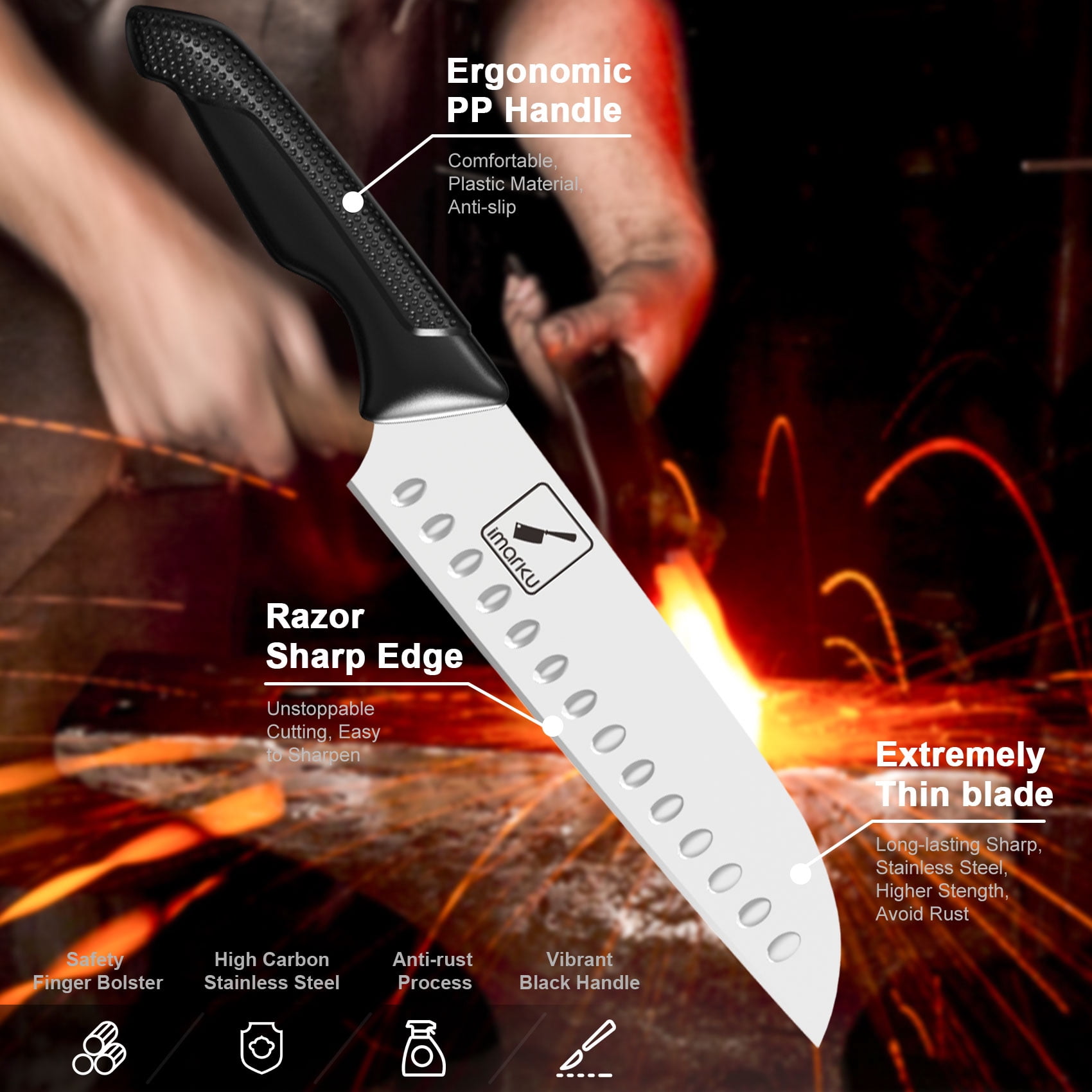 imarku Knife Set with Block, Sharp Knife Set with Built-in Sharpener, Stainless Steel Kitchen Knife Set with Non-Slip Ergonomic Handle, Dishwasher Safe, 14 PCS Professional Knife Set for Gift, Black