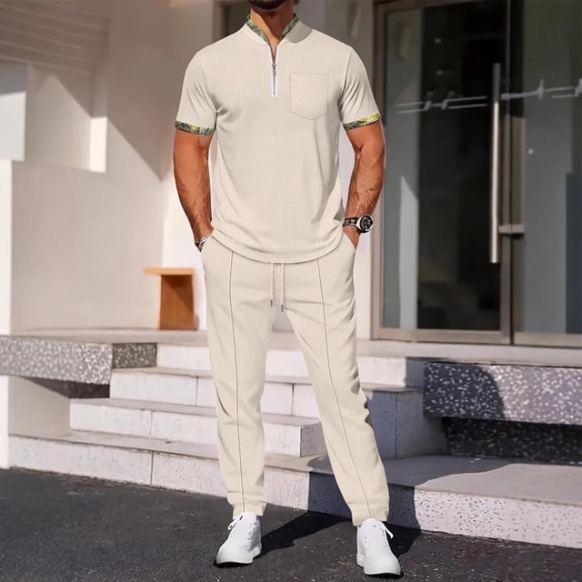 Mode Décontractée pour Hommes, Pantalon à Manches Courtes, Col Rabattu, Ensemble Deux Pièces, Taille Élastique