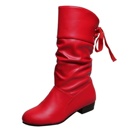 

eileial Women s Mid Calf Slouchy Boots Suede Pull On Low Heel Stacked Chunky Block Knee High Boots Round Toe Wide Calf Riding Booties Red 7