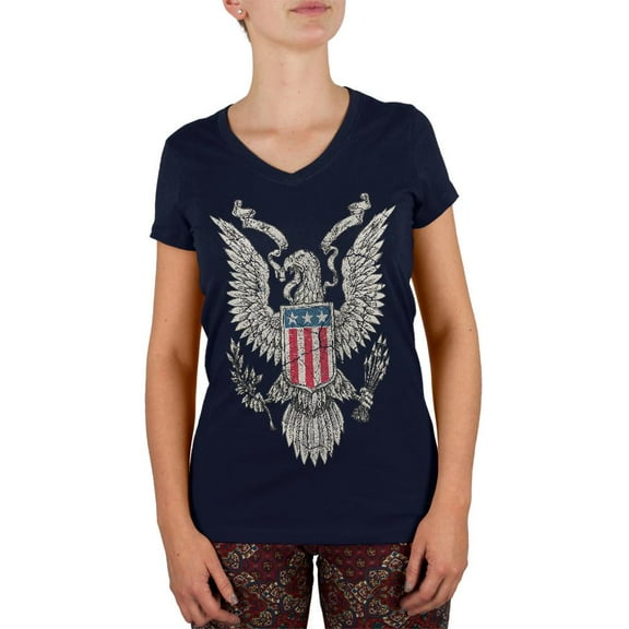 4th of July Born Free Distressed Vintage Eagle Juniors V-Neck T Shirt Navy X-LG