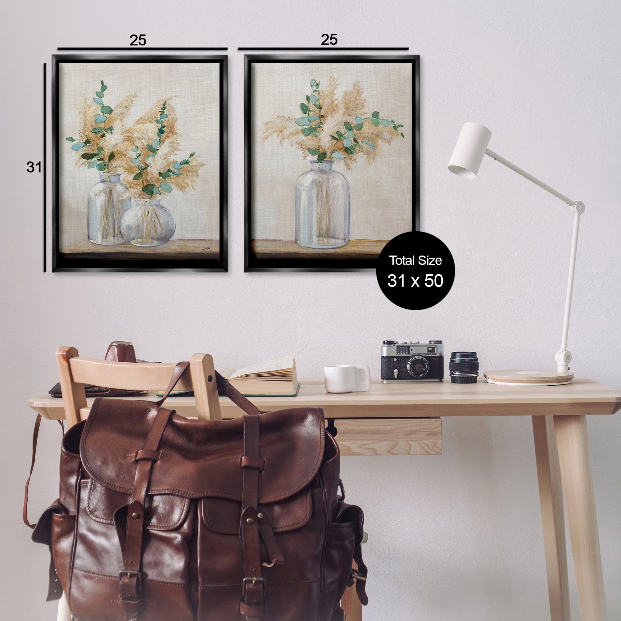 Stupell Industries Pampas Eucalyptus Bouquet Plants & Flowers Painting Black Floater Framed Canvas Art Print Wall Art, 31 x 25, Set of 2