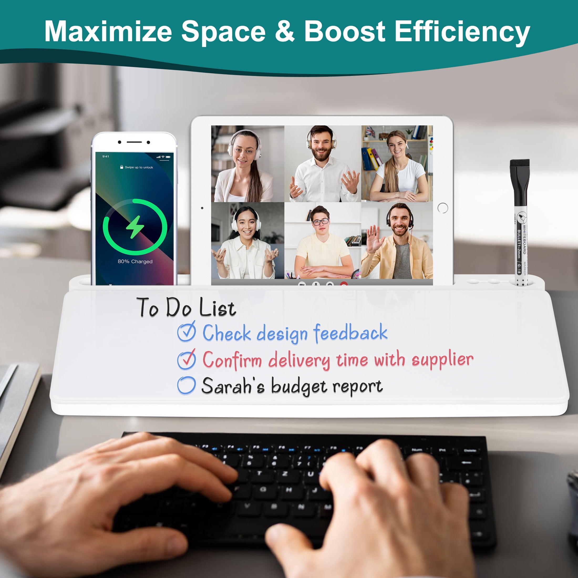 DOLLAR BOSS Desktop Whiteboard Glass Dry Erase Board for Desk, Desk Board Buddy Computer Keyboard Stand White Board Surface Pad with Drawer, Desk Accessories Organizers for Office, Home, White