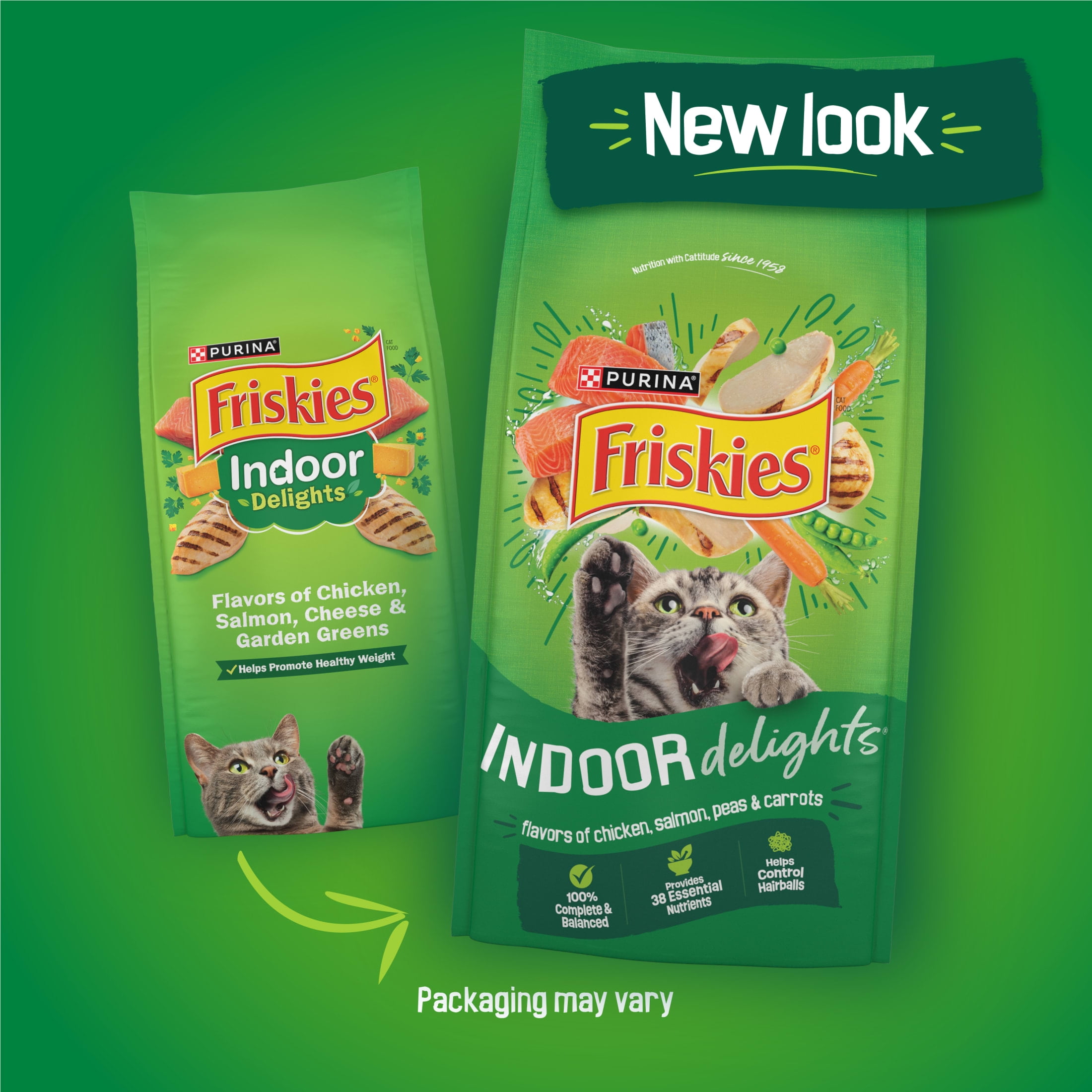 (3 pack) Purina Friskies Indoor Delights Dry Cat Food Flavors of Chicken, Salmon, Peas, and Carrots, 3.15 lb Bag