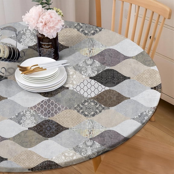 Round Tablecloth Fitted Elastic Edge Patio Table Covers Wrinkle Resistant Waterproof Vinyl Table Cloth for Picnic Camping Indoor and Outdoor，Marble Flowers 41"-44"