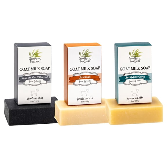 Barra de jabón de leche de cabra natural del sur (variedad de 3 paquetes) Barro del Mar Muerto y carbón vegetal Pachulí Eucalipto - Para pieles secas y sensibles. Ideal para rostro y cuerpo. (Cada bar