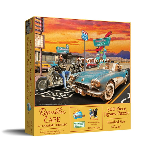 SUNSOUT INC - Republic Cafe - 500 pc Jigsaw Puzzle by Artist: Rafael Trujillo - Finished Size 18" x 24" Cars - MPN# 42360