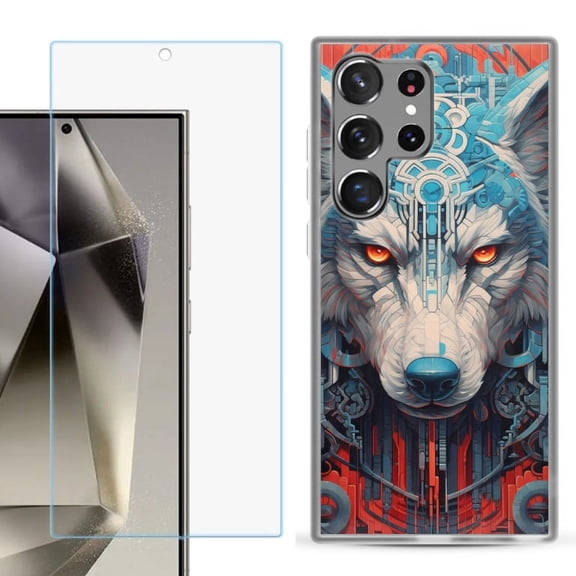 OneToughShield ® Compatible with Samsung Galaxy S24 Ultra, Shockproof Phone Case, with Tempered Glass Screen Protector - Cyberpunk Wolf