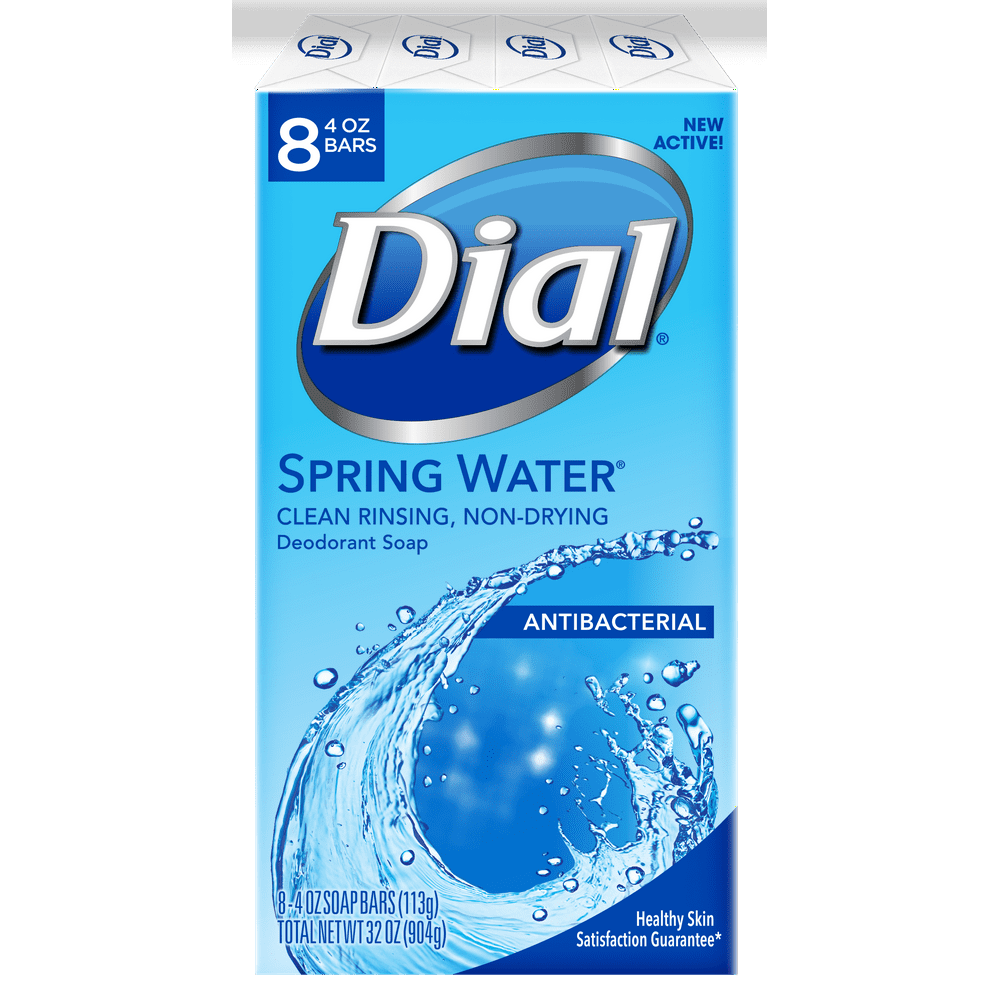 Dial Antibacterial Deodorant Bar Soap, Spring Water, 4 Ounce, 8 Bars