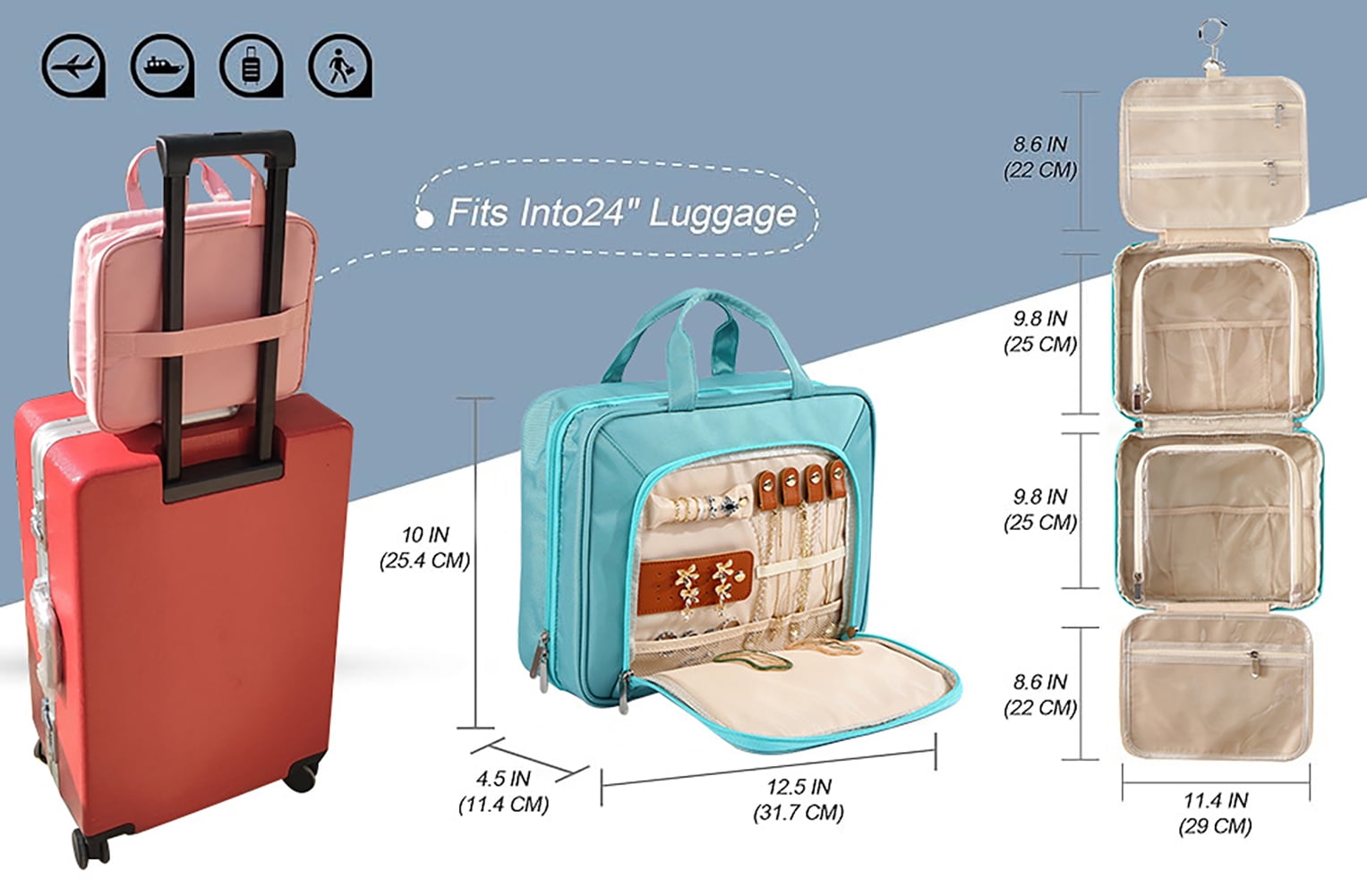 Travel Hanging Toiletry Bag, Jewelry Organizer with Dry Wet Separation, Large Capacity Cosmetic Bag with Trolley Strap, Foldable Hanging Design for Travel & Home