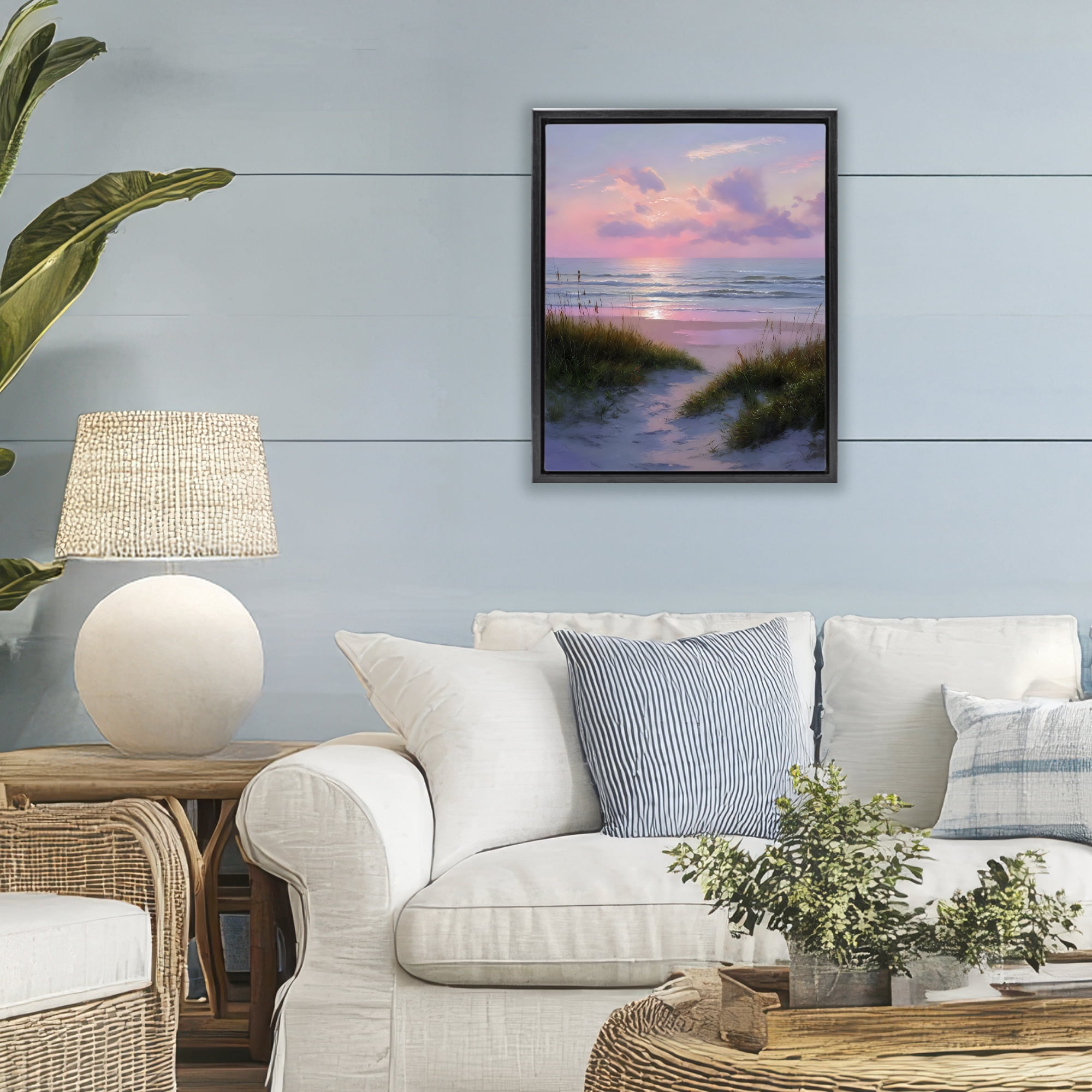 Stupell Industries Romantic Beach Sunset in Pink Black Framed Floater Canvas Wall Art, design by Franklyn Gregory