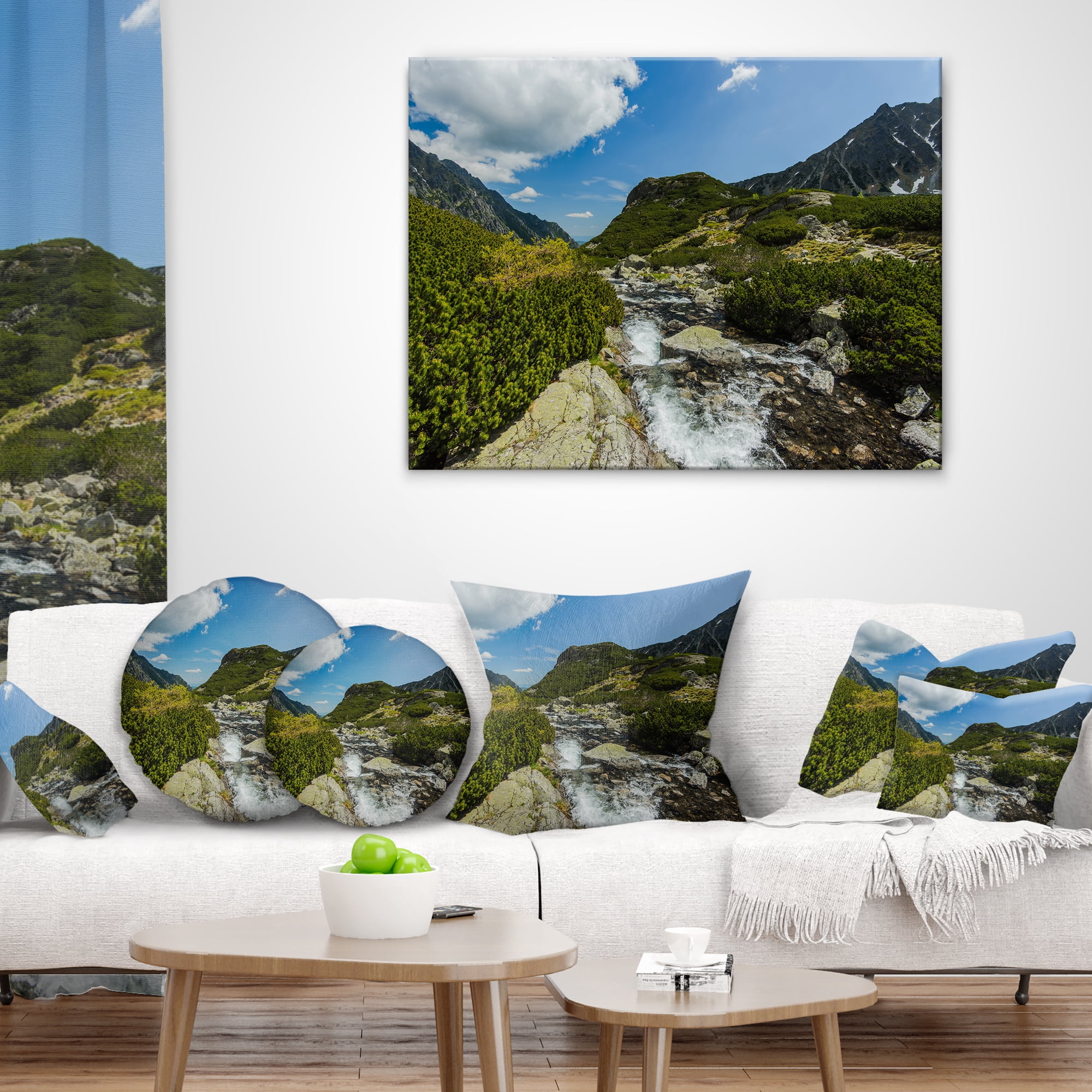Designart Alpine Stream in High Mountains - Landscape Printed Throw Pillow - 16x16