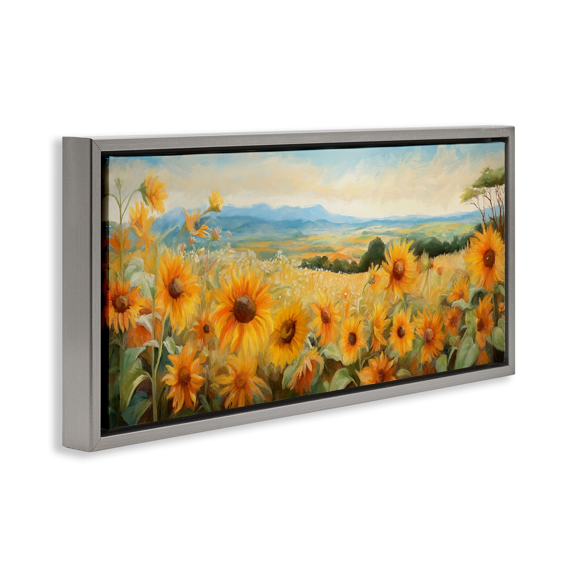 Stupell Industries Sunflower Fields Panorama Landscape & Nature Painting Gray Floater Framed Canvas Art Print Wall Art, 31 x 14