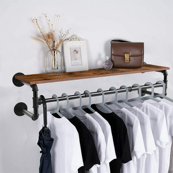 ZYPPP Industrial Pipe Wall-Mounted Clothes Rack with Top Shelf - Heavy-Duty Garment Hanging Rail for Bedroom, Entryway & Laundry Room, Space-Saving Design with Rust-Resistant Steel Construction