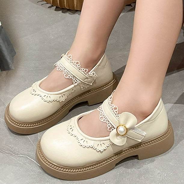 Cethrio Kids Girls Dress Shoes Wedding School Low Heels Party Princess Shoes Beige Size 1 Big Kids Girl s