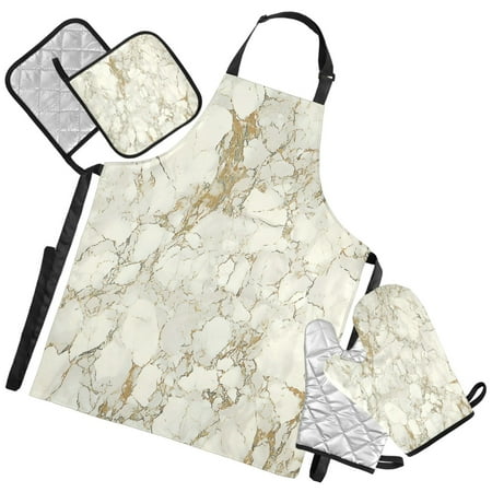 Ryvnso Retro Marble Kitchen Apron Oven Mitts Set Pot Holders