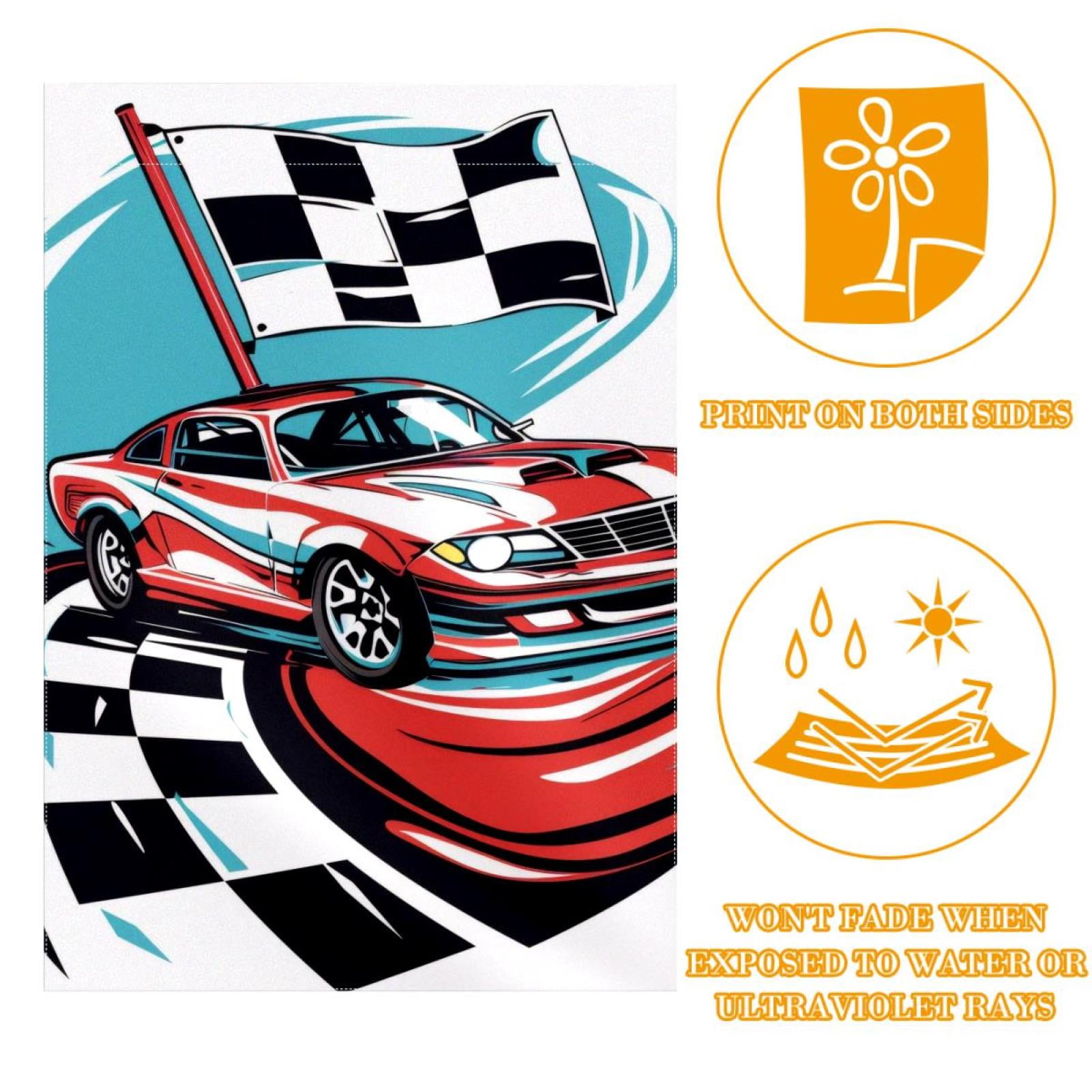 Welcome Speeding Racing Car with Checkered Flag Pattern Garden Flag, Vertical Double Sided Small House Flag, Yard Farmhouse Outdoor Deck Veranda Lawn Decor 28x40 Inch