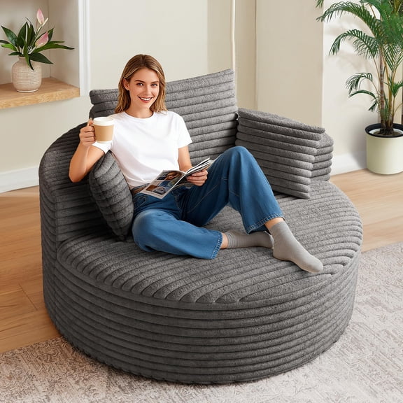 50" FIRSCOOK Oversized Corduroy Round Chair, Deep Seat Comfy Boneless Lounge Chairs with Pillows, No Assembly Required, Beige