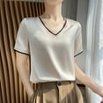 thumbnail image 2 of 2024 Summer New Silk Satin Short Sleeve T Shirt Women's Mesh Solid Color Vest Temperament V Neck Top, 2 of 2