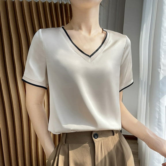 Summer Tops with Sleeves for Women 2025 Vacation 2025 Summer New Silk Satin Short Sleeve T Shirt Women's Mesh Solid Color Vest Temperament V Neck Top Going Out Tops for Women Plus Size Long Sleeve