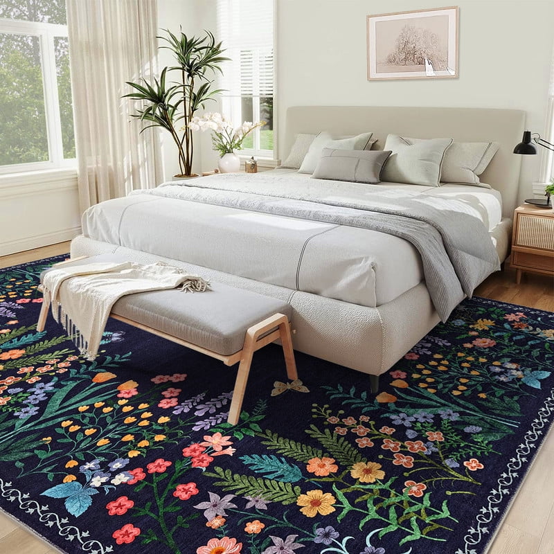 Washable 10x13 Area Rugs, Large Living Room Rug, Non-Slip Soft Floral Rugs for Bedroom, Botanical Area Rug Carpet for Dining Room Guest Room (Blue,10'x13')