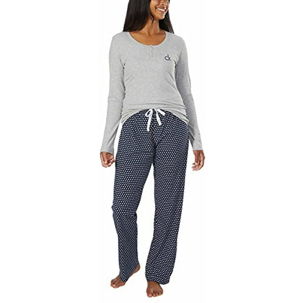Calvin Klein Womens 2 Piece Fleece Pajama Set (Grey/Navy Swiss Dot,  X-Large) 