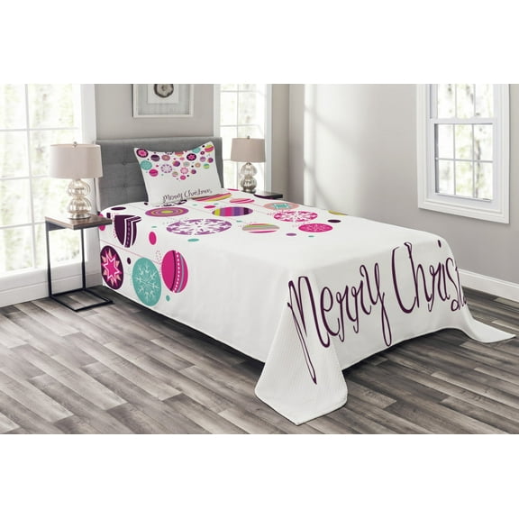 Ambesonne Christmas Quilted Bedspread Set 2 Pcs, Retro Graphic Baubles, Twin Size, Multicolor
