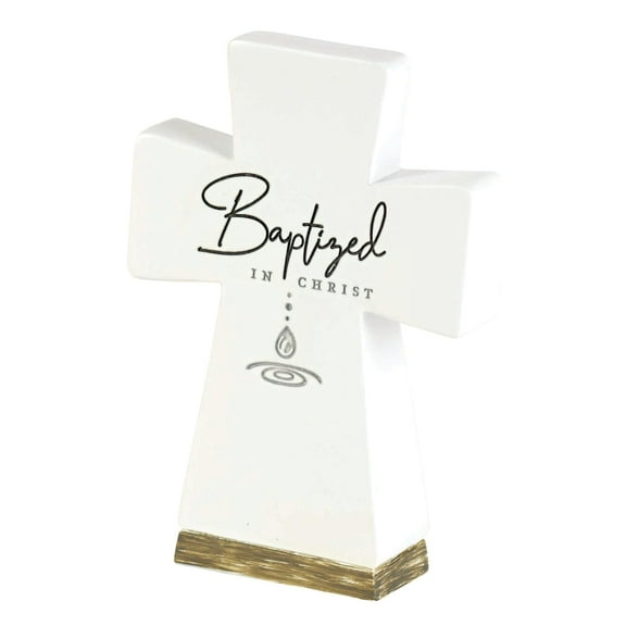 Dicksons Baptized Encouraging Verse Woodgrain Base Engraved Decorative White 6 x 3 Resin Tabletop Cross