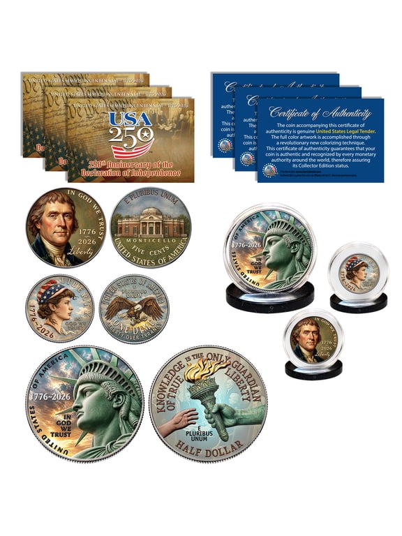 Collectible 2026 2-Sided Colorized 3-Coin Set • Enduring Liberty Half Dollar • Emerging Liberty Dime • Jefferson Nickel • Semiquincentennial 1776-2026