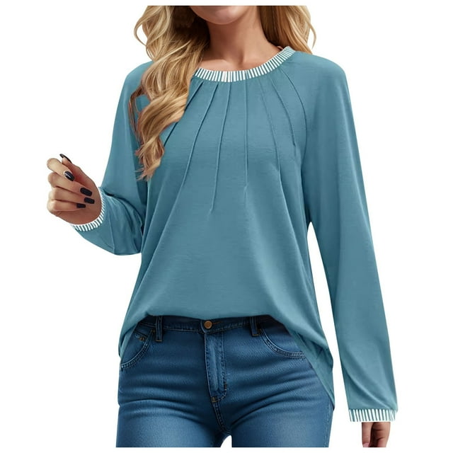 aidice Shirts for Women Casual Round Neck Long Sleeve Shirts Comfy Fitting Ruched Solid Color Tops